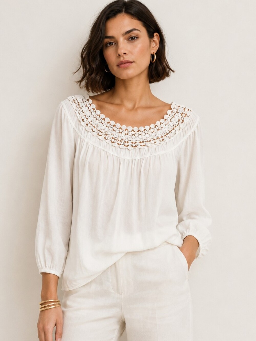 Max Edition White Eyelet Trim Full Blouse Cottagecore